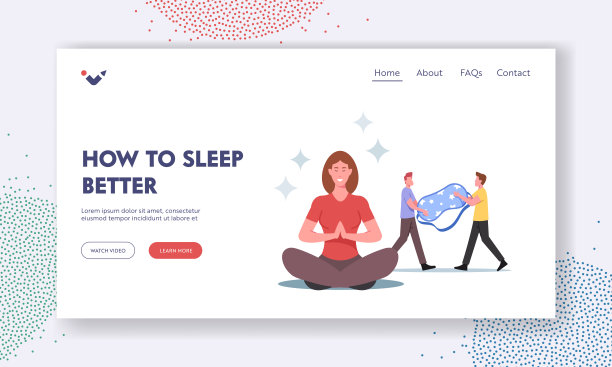 如何睡得更好登陆页面模板。微小的男性角色带着巨大的睡眠面具，女人冥想睡觉图片下载