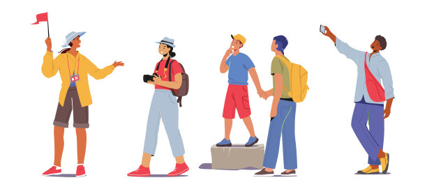 组团旅游。背着背包和相机旅行的年轻人。男性和女性角色，指南图片下载