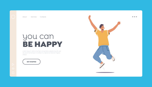 Happy Boy Jump with Raised Arms Landing Page模板。男人感觉积极的情绪，高兴，胜利或成功图片下载