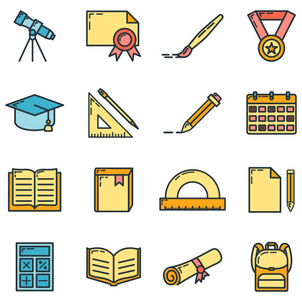 概念回归学校图标，16个文具教育项目教育机构过程，平面轮廓矢量插图，孤立在白色上。图片下载