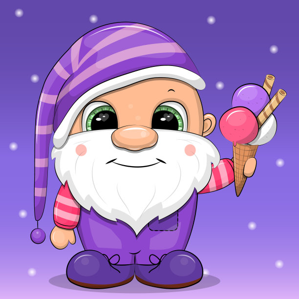 一个可爱的卡通侏儒戴着睡帽，手里拿着一个冰淇淋。图片下载