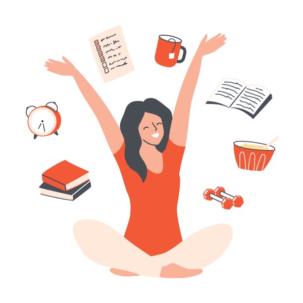 快乐的女人伸展和计划她的一天-阅读，锻炼，健康的早餐。早晨常规和每日时间表。平面向量插图图片下载