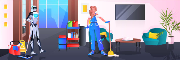 机器人清洁工和女清洁工机器人和人类图片下载