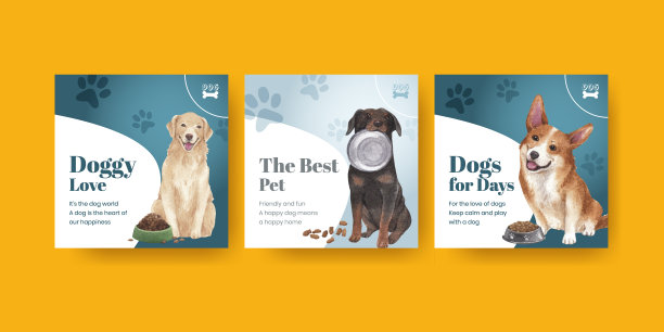 横幅模板与可爱的狗概念水彩图片下载