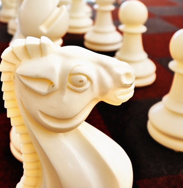 一个巨大的公共棋盘，白色的骑士在前景图片下载