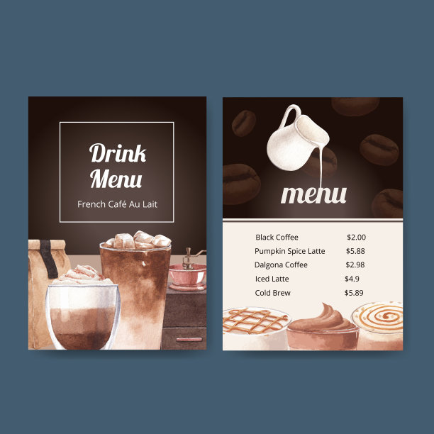 菜单模板与咖啡概念水彩画图片下载