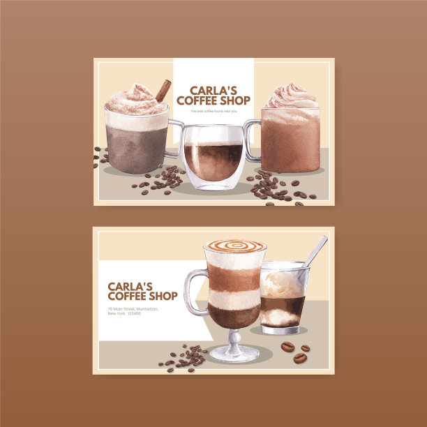 名片模板与咖啡概念水彩画图片下载