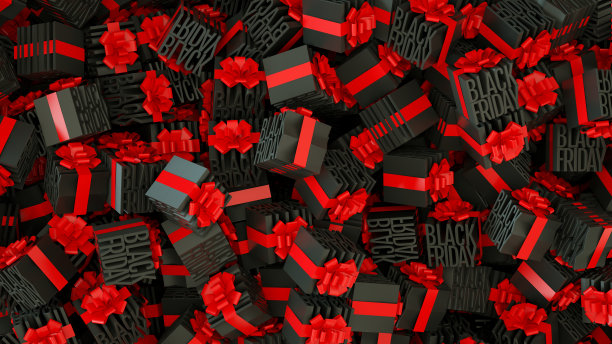 黑色星期五背景，黑色礼品盒，红色丝带图片下载