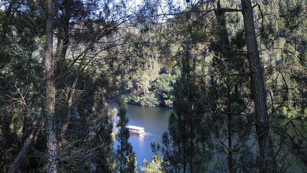 旅游船Miño, Ribeira Sacra地区，加利西亚，西班牙。图片下载