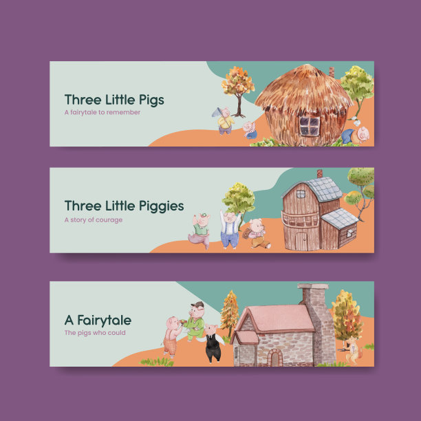 横幅模板与可爱的三只小猪图片下载