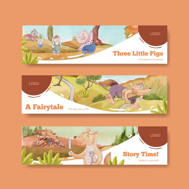 横幅模板与可爱的三只小猪图片下载