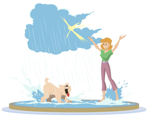 女孩和狗在雨中玩耍图片下载