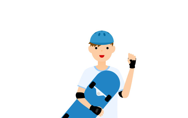 一个面带微笑的男孩滑板手拿着滑板，狠狠地打了一拳图片下载