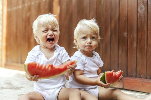 有趣的婴儿和西瓜的照片。这对双胞胎住在一个白人儿童病房里，有着美丽的蓝眼睛和金发，他们坐在后院的地板上，享受着西瓜。家庭野餐图片下载