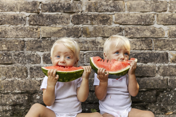 婴儿和西瓜。一对身穿白色紧身衣的双胞胎，有着美丽的蓝眼睛和金发，坐在地板上吃着西瓜。双胞胎享受健康零食的有趣照片图片下载