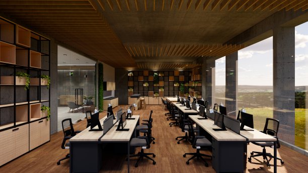 现代豪华的办公室大堂内部区域。接待柜台des。三维渲染室内办公室现代和阁楼设计。图片下载