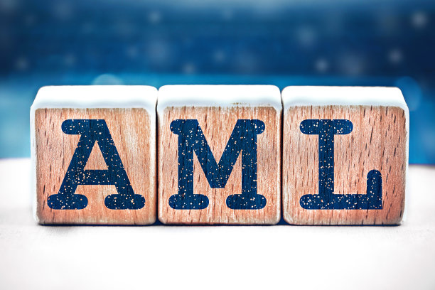 反洗钱概念。带有首字母缩写aml的木制立方体，在双色调的雪色背景上图片下载