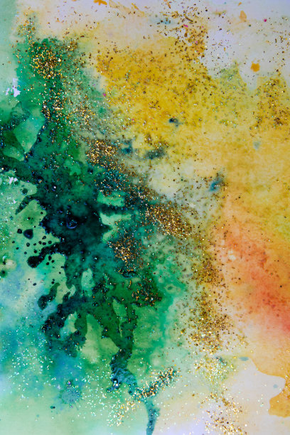 黄绿色水彩污渍与闪光。抽象的背景图片下载