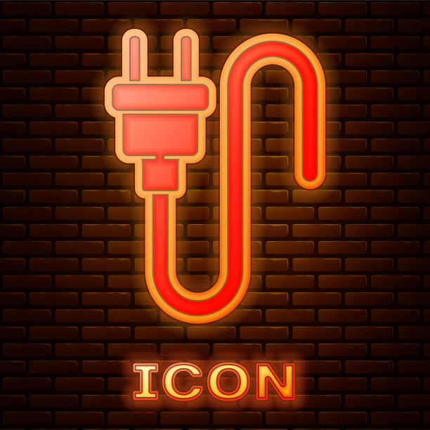 发光的霓虹灯电插头图标孤立在砖图片下载