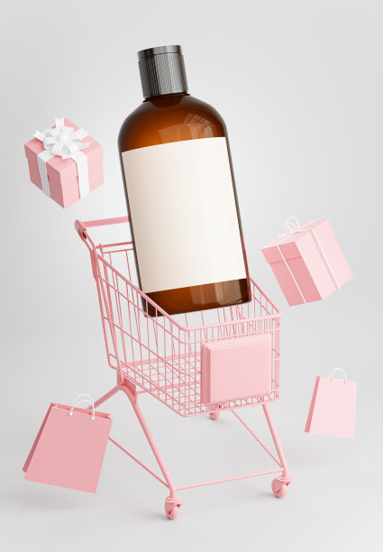 化妆品瓶与购物车的产品展示图片下载