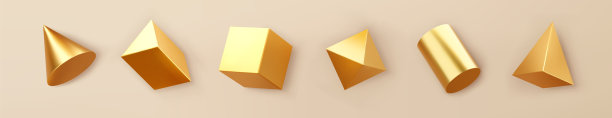 3d渲染黄金几何形状物体设置孤立的背景。金色光泽的现实基元-立方体，圆柱体，锥体，带阴影的金字塔。抽象的装饰向量为时尚的设计图片下载