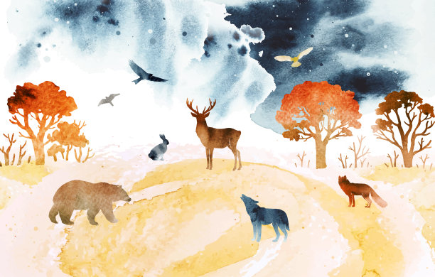 水彩秋天手绘矢量景观与动物剪影。鹿，野兔，狐狸，狼，熊和鸟在夜空下。设计印刷，海报，旗帜，明信片。图片下载