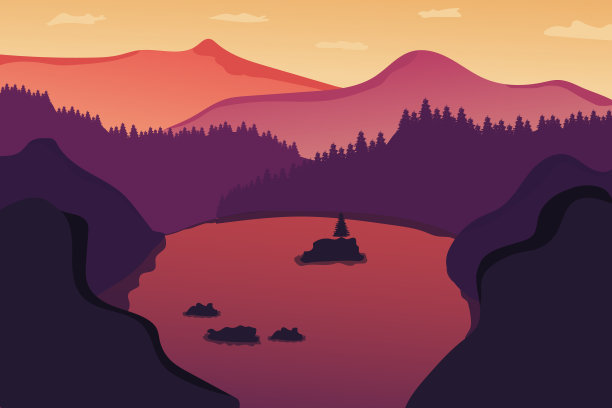 平坦的风景、落日的湖泊和美丽的山脉图片下载