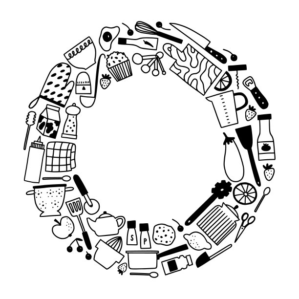 厨房用具及餐具架。涂鸦勾勒烹饪和烘烤圆形边框。图片下载