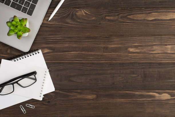 在笔记本电脑上的花盆的顶部视图照片白色的笔夹和眼镜在两个白色的日记在孤立的深色木桌背景与空的空间图片下载