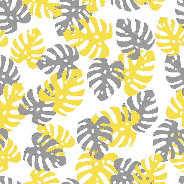插图黄色和灰色的叶子怪物孤立在白色的背景。无缝模式图片下载