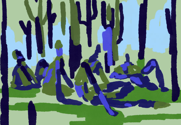 抽象、印象派和点彩色彩与色彩触感。几个人在森林附近的草地上玩得很开心图片下载