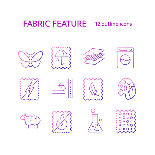 织物多样性轮廓图标设置。纺织工业。丝绸和羊毛。天然染料、防静电图片下载