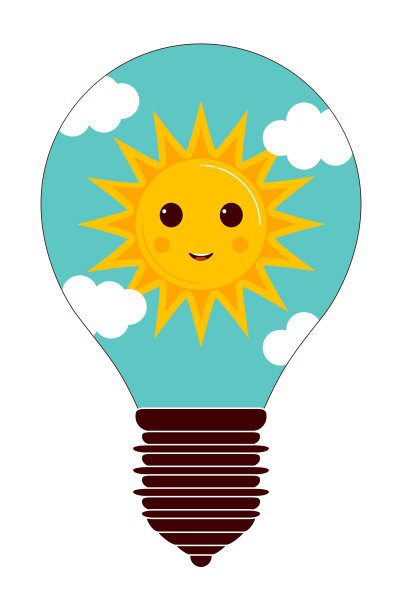 蓝色的天空和白色的云层上有太阳的灯泡图标。概念图片下载