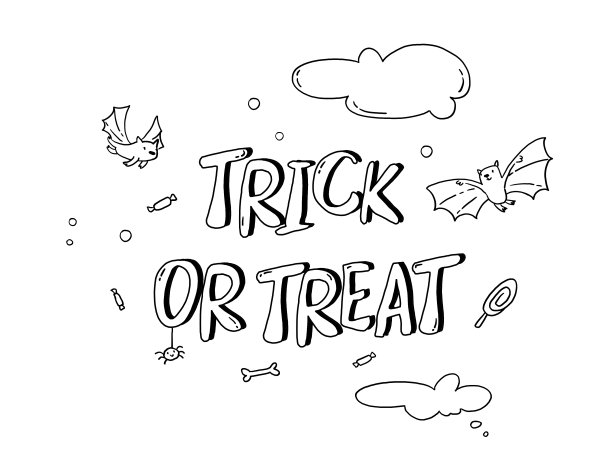 涂色页面的文字不给糖就捣蛋。万圣节概念在白色的背景与糖果，蝙蝠和蜘蛛。图片下载