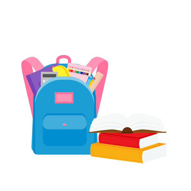 教室学校用品文具，铅笔盒，钢笔，成堆的书，照片写实文学，笔记本，笔记本教科书，书包，调色板和艺术刷子，彩色铅笔。矢量图图片下载