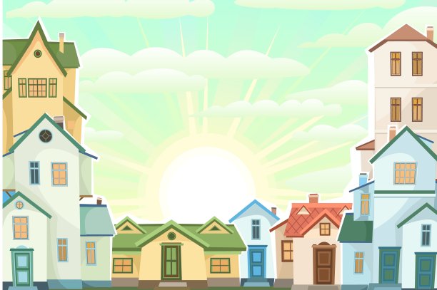 早上的卡通屋。村庄或城镇。框架。传统欧洲风格的美丽舒适的乡村别墅。好有趣的家。农村建设。说明向量图片下载
