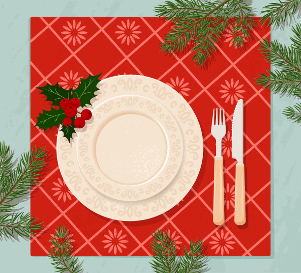 圣诞桌上的盘子。餐具，餐巾，圣诞树树枝和浆果装饰。矢量插图。从上面的观点图片下载