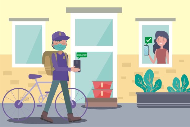 为了防止新型冠状病毒的传播，戴着医用口罩和医用手套的年轻男子、快递员或志愿者将食品杂货从超市送到门口图片下载
