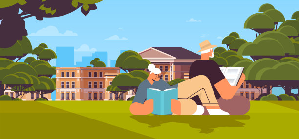 老两口在城市公园看书，老两口和家人一起消磨时光，放松退休生活图片下载