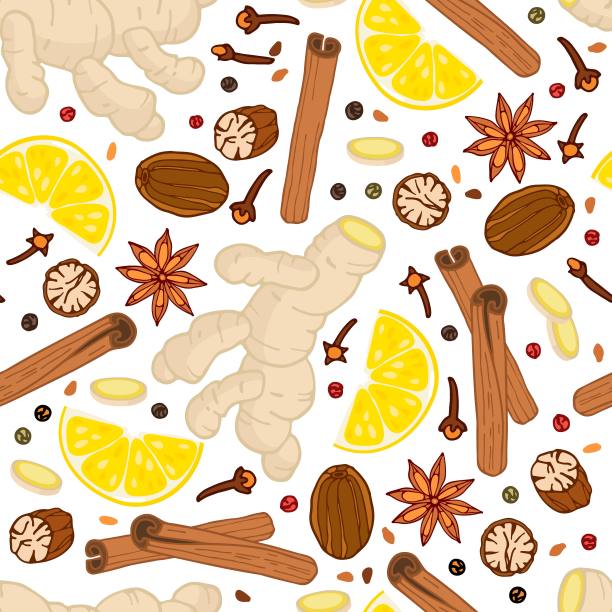 香料无缝模式。有机产品持平。丁香香料，混合胡椒芳香玉米，肉豆蔻，姜，肉桂，柠檬，纺织品织物，包装纸墙纸剪贴簿图片下载