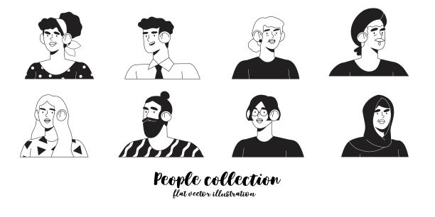 为社交媒体，ui，网站头像或图标孤立在白色背景上的时髦的年轻商业人士或办公室工作人员的线绘图集。极简风格的多样人物肖像。图片下载