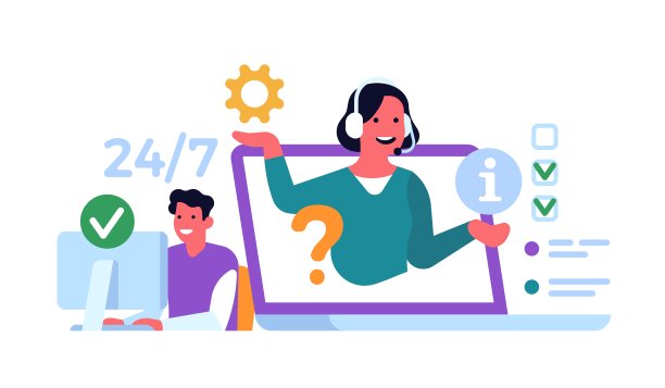 在线技术支持。网络咨询客户，女人戴着耳机从屏幕上咨询男人，聊天交谈。向量的概念图片下载