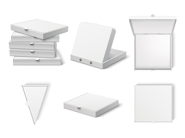 披萨盒模型。逼真干净的白色包装，3d开放和封闭的容器，快递硬纸板包装，意大利快餐。向量组图片下载