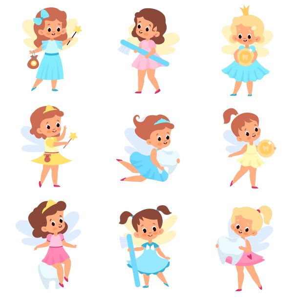 牙齿仙女。可爱的小翅膀女孩在不同的裙子与牙齿护理配件和牙齿，婴儿的故事，儿童传奇。令人难以置信的公主。矢量卡通平面孤立集图片下载