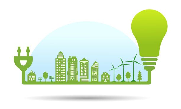 用可再生能源打造绿色城市。蓝天下的生态城市。灯泡节能概念。图片下载