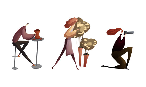 有创意的男人和女人从事手工粘土图片下载