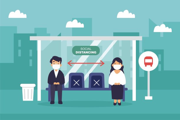 在covid-19期间，人们在公共汽车站保持社交距离。新冠肺炎疫情后，日常生活进入了新的常态。图片下载
