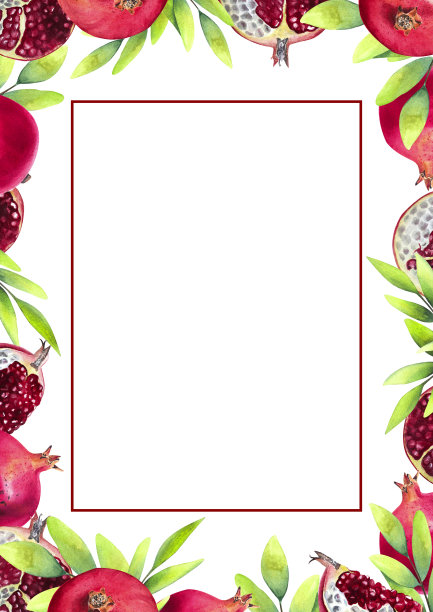 长方形框架，绿叶和成熟多汁的石榴果图片下载