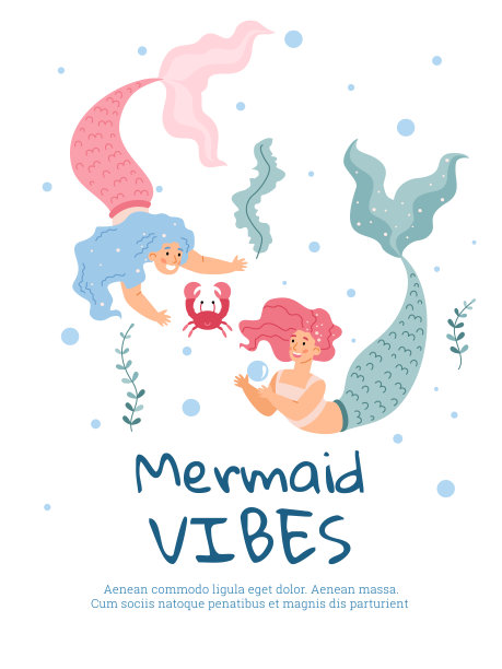 美丽的向量海报与幻想女孩美人鱼在水下游泳。图片下载
