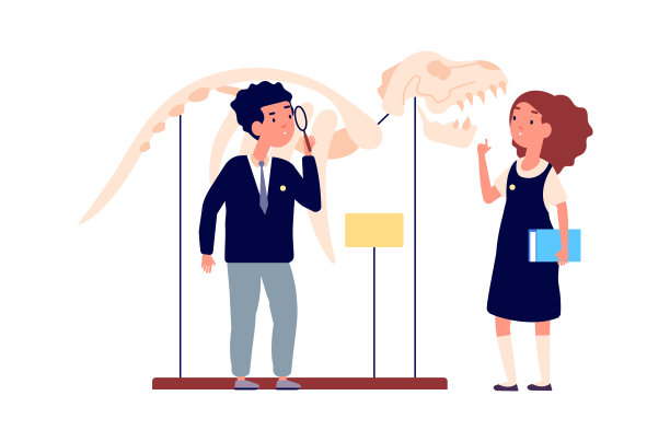 学校的孩子们。男孩女孩研究恐龙骨骼。人类学课博物馆，聪明的家伙在放大镜里看教育矢量概念图片下载